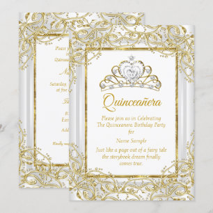 Elegant Gold White Tiara Princess Quinceanera Invitation