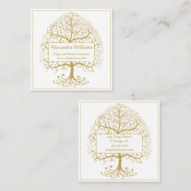 Elegant Gold White Tree of Life Personalised Square Business Card (Front/Back)