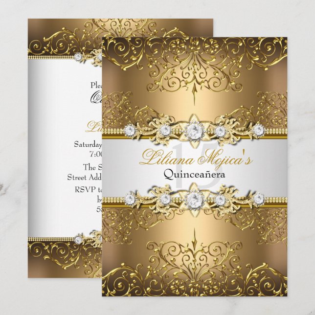 Elegant Gold White Vintage Glamour Quinceanera Invitation (Front/Back)