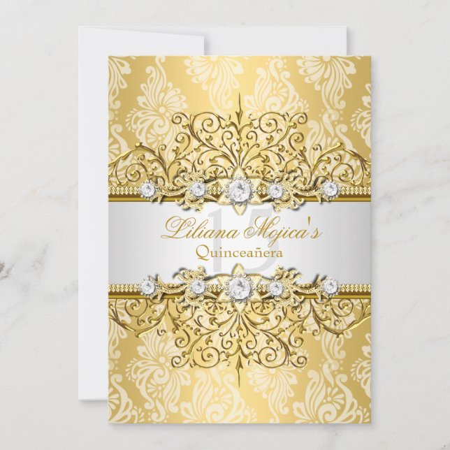 Elegant Gold White Vintage Glamour Quinceanera Invitation (Front)