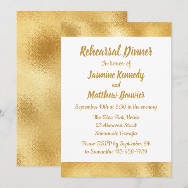 Elegant Gold & White Wedding Rehearsal Dinner Glam Invitation (Front/Back)