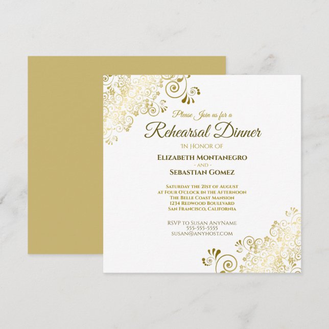 Elegant Gold White Wedding Rehearsal Dinner Square Invitation (Front/Back)