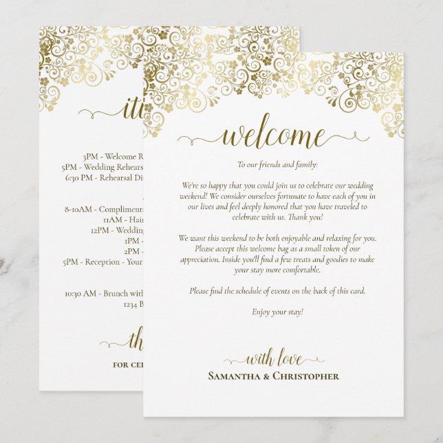 Elegant Gold & White Wedding Welcome & Itinerary Programme (Front/Back)