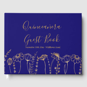 Elegant Gold Wildflower Sketch Blue Quinceanera Guest Book