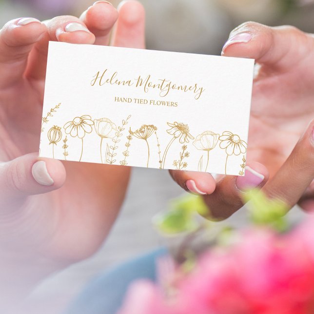 Elegant Gold Wildflower Sketch Feminine Business Card (Creator Uploaded)