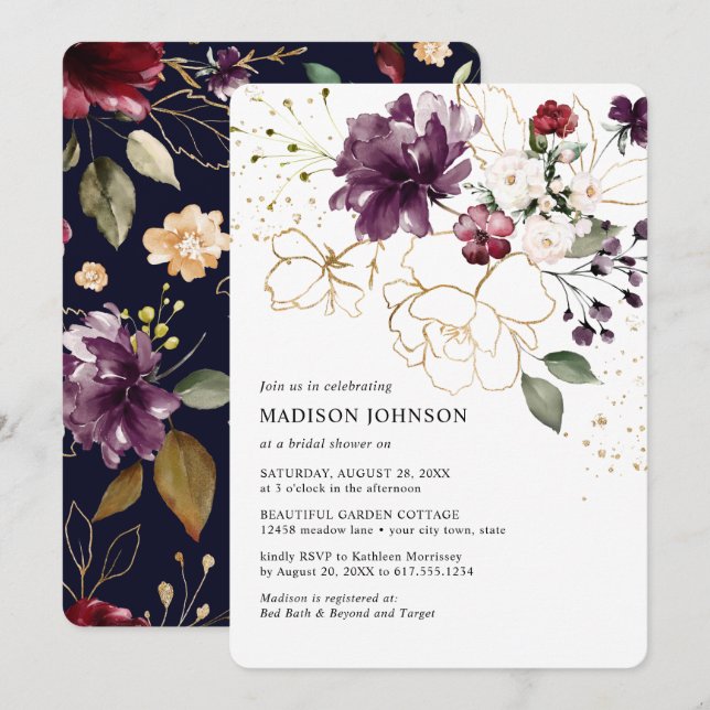 Elegant Gold Wine Burgundy Floral Bridal Shower Invitation (Front/Back)