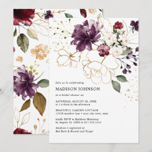 Elegant Gold Wine Burgundy Floral Bridal Shower Invitation
