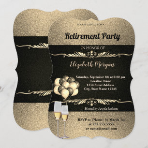Elegant Gold Wine Glas , Ballons, Retirement Party Invitation