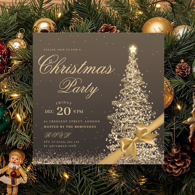 Elegant Gold Winter Christmas Tree Bow Party  Invitation (Elegant Gold Winter Christmas Tree Bow Party Invitation)