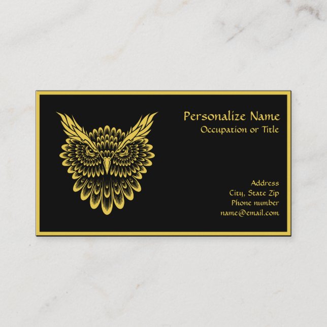 Elegant Gold Wise Owl on Black Business Card (Front)