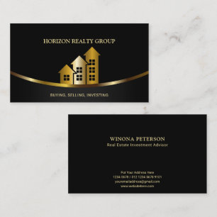 Elegant Gold with House Arrow Logo Real Estate Business Card