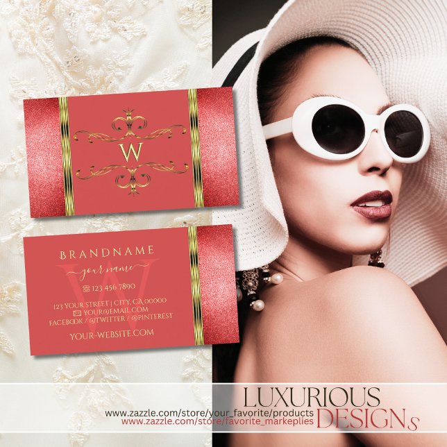 Elegant Gold with Ruby Red Glitter and Monogram Business Card (Creator Uploaded)