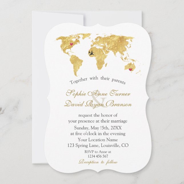 Elegant Gold World Map Destination Wedding Invitation (Front)