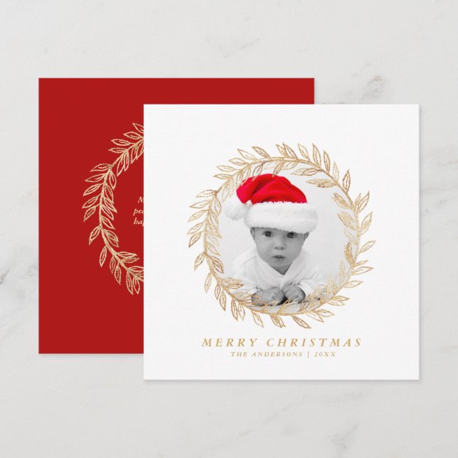 Elegant Gold Wreath Merry Christmas Custom Photo Holiday Card (Front/Back)