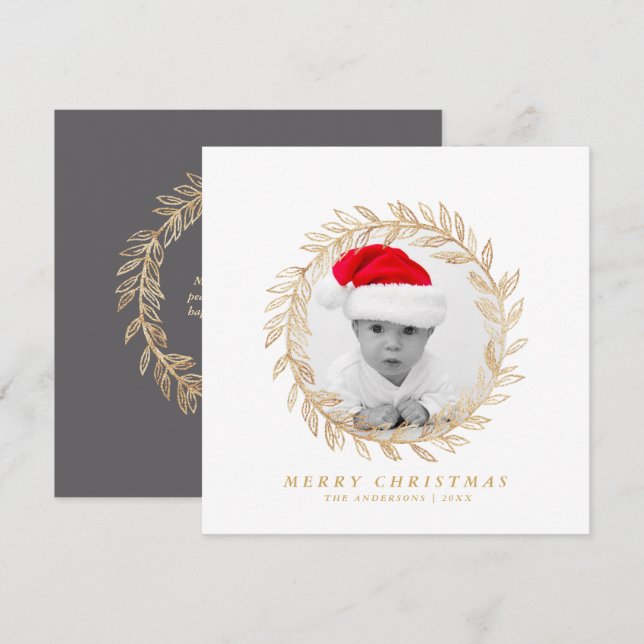 Elegant Gold Wreath Merry Christmas Custom Photo Holiday Card (Front/Back)