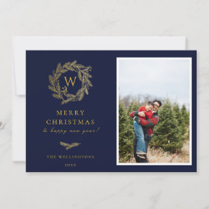 Elegant Gold Wreath Monogram Holiday Photo Card