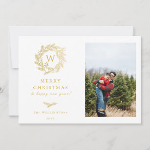 Elegant Gold Wreath Monogram Holiday Photo Card