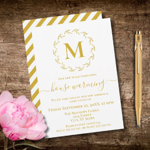 Elegant Gold Wreath Monogram House Warming Party Announcement