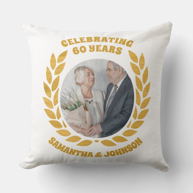 Elegant Gold Wreath Photo 60th Wedding Anniversary Cushion (Front)