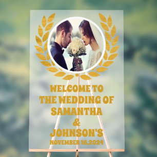 Elegant Gold Wreath Photo Wedding Welcome Frosted Acrylic Sign