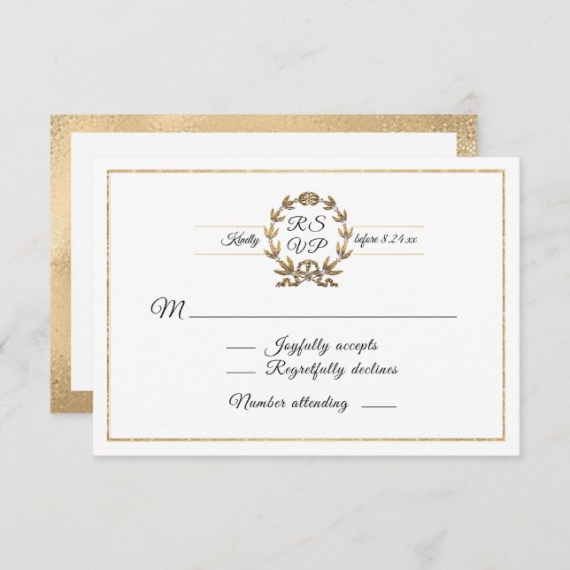 Elegant Gold Wreath White Script Calligraphy RSVP (Front/Back)