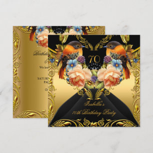 Elegant Gold Yellow Bird Black 70th Birthday Party Invitation