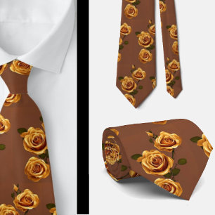 Elegant Gold Yellow Brown Roses Floral Tie