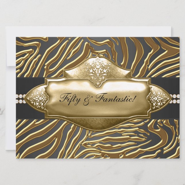 Elegant Gold Zebra Womans 50th Birthday Party Invitation (Front)