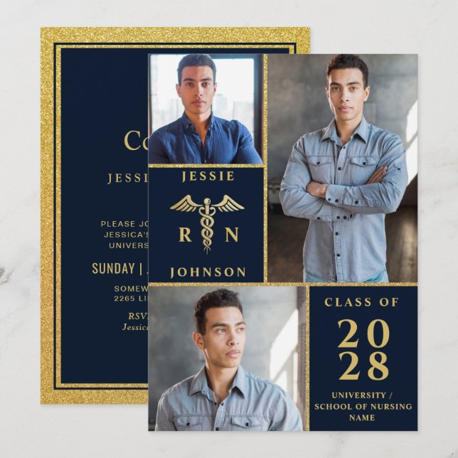 Elegant Golden 3 PHOTO Nursing Graduation Party Invitation (Front/Back)