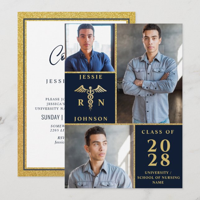 Elegant Golden 3 PHOTO Nursing Graduation Party Invitation (Front/Back)