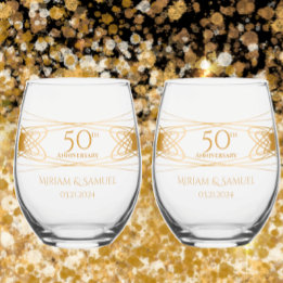 Elegant Golden 50th Anniversary Personalised Gift Stemless Wine Glass