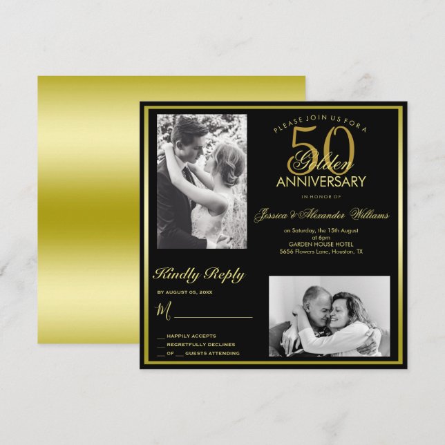 Elegant Golden 50th Wedding Anniversary Photo  Invitation (Front/Back)