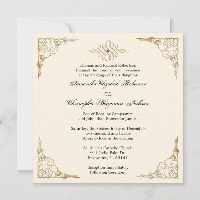 Elegant Golden Accent Gold Wedding Invite (Front)