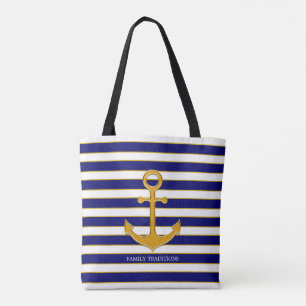 Elegant golden anchor on blue & white striped tote bag