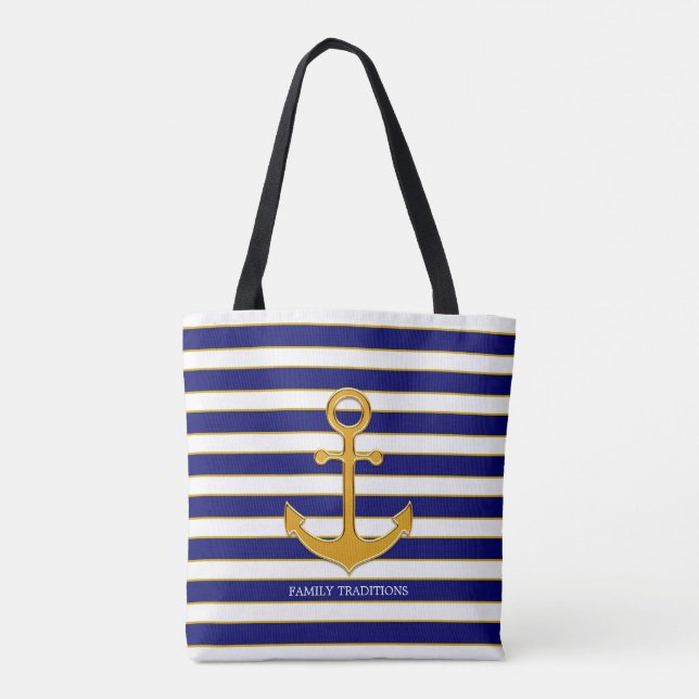 Elegant golden anchor on blue & white striped tote bag (Back)