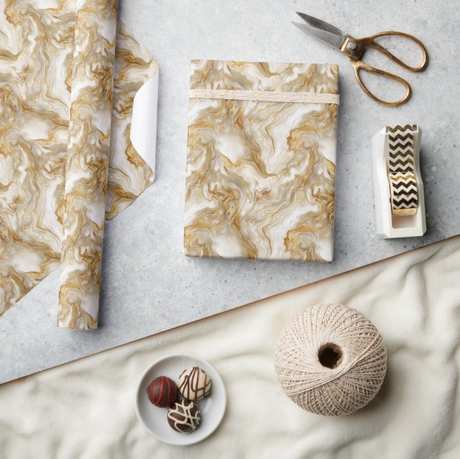 Elegant Golden and Beige Fluid Marble 2D Pattern Wrapping Paper (Crafts)