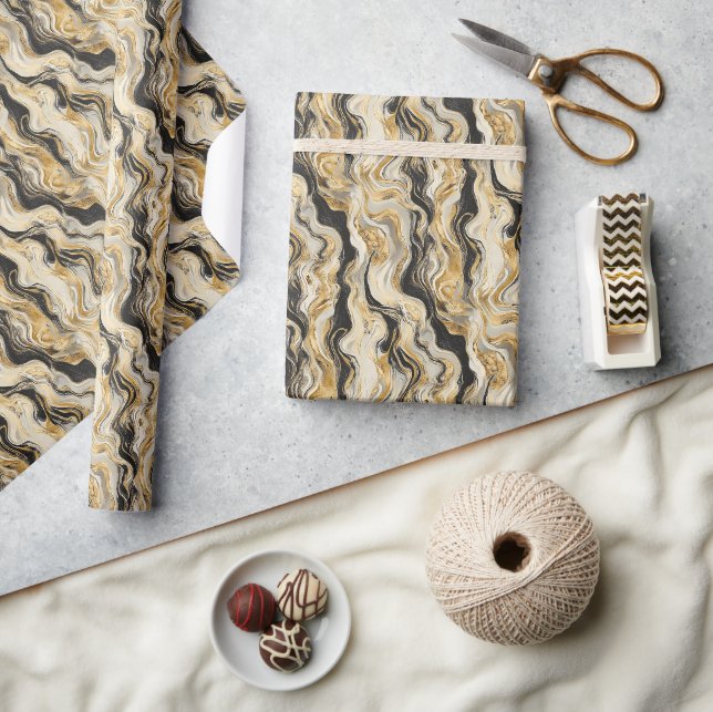 Elegant Golden and Beige Fluid Marble 2D Pattern Wrapping Paper (Crafts)