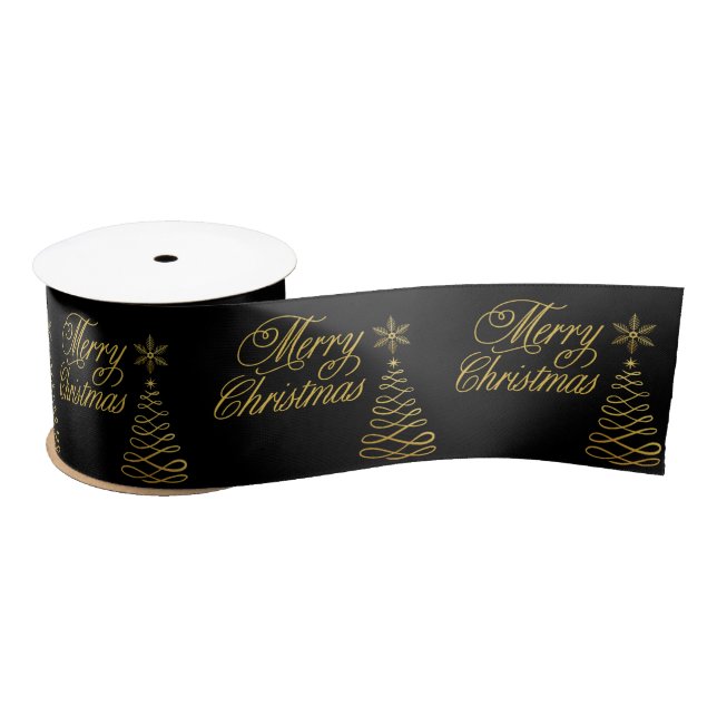 Elegant Golden and Black Merry Christmas Satin Ribbon (Spool)