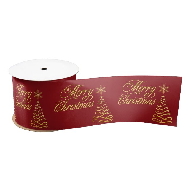 Elegant Golden and Crimson Red Merry Christmas Satin Ribbon (Spool)