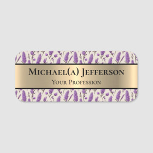 Elegant Golden and Lavender Floral Pattern: Purple Name Tag