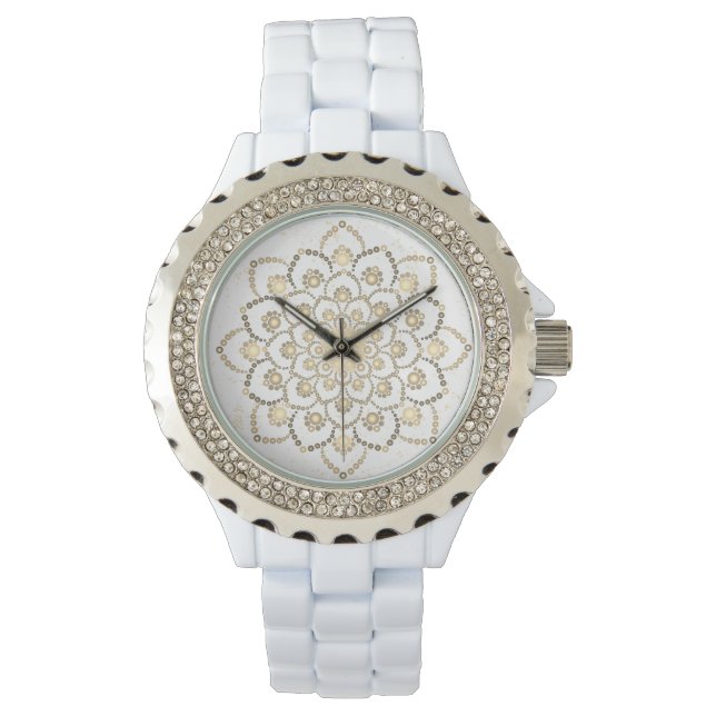 Elegant Golden and White Dot Mandala Flower Watch (Front)