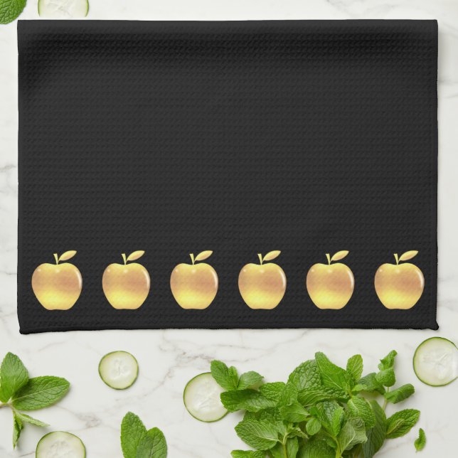 Elegant Golden Apples on Black Tea Towel (Folded)