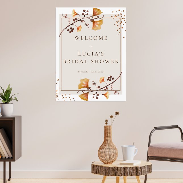 Elegant Golden Autumn Leaf Bridal Shower Welcome Poster (Living Room 3)