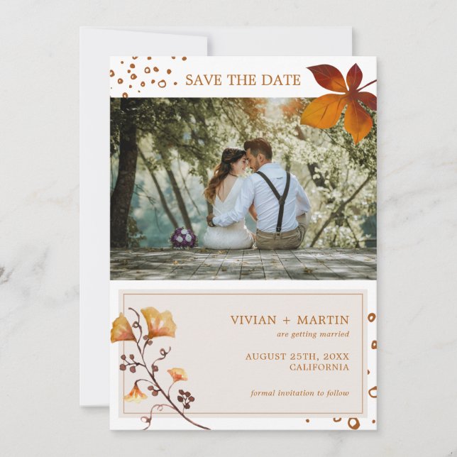 Elegant Golden Autumn Leaf Photo Wedding Save The Date (Front)