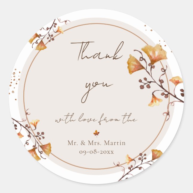 Elegant Golden Autumn Leaf Wedding Thank You Classic Round Sticker (Front)