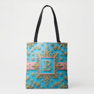 Elegant Golden Baroque Letter B on Blue Backdrop Tote Bag