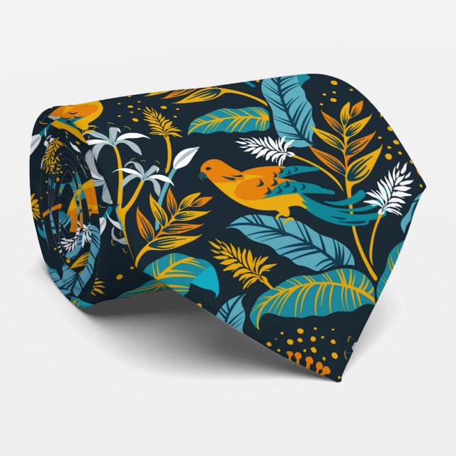 Elegant Golden Birds illustrated pattern Tie (Rolled)