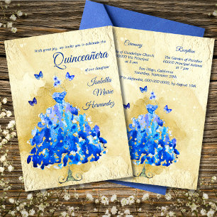 Elegant Golden & Blue Butterflies Quinceañera Invitation