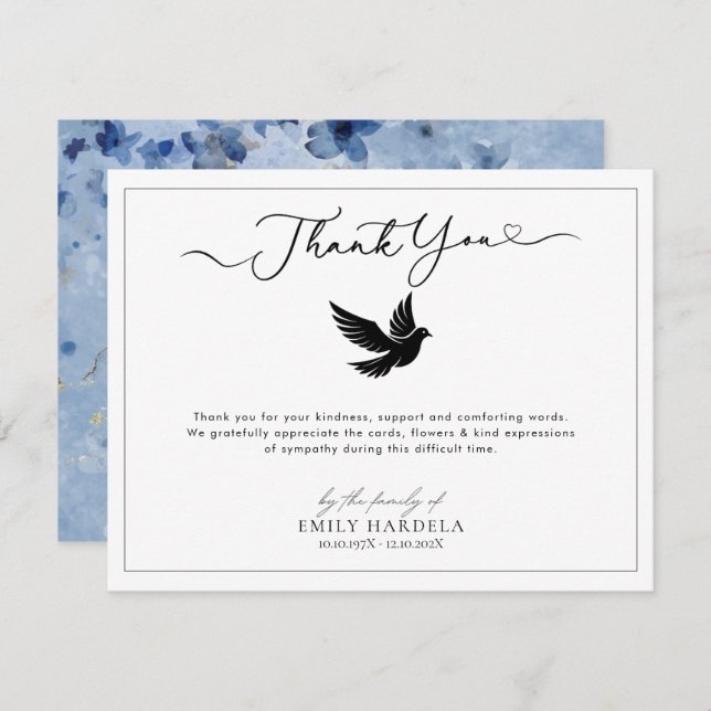 Elegant Golden Blue Floral Funeral Thank You Card (Front/Back)