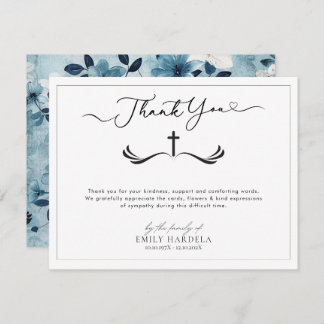 Elegant Golden Blue Floral Funeral Thanks Card